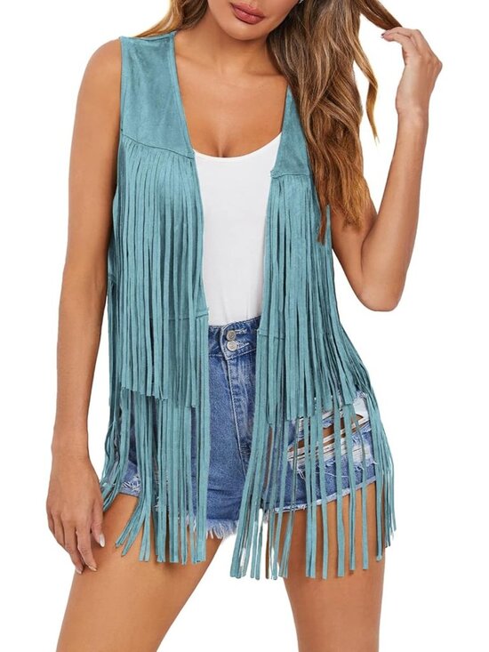 Jackets & Blazers - Women's Blue Fringe Vest 70s Hippie Costume Sleeveless Cowgirl Western Outfits